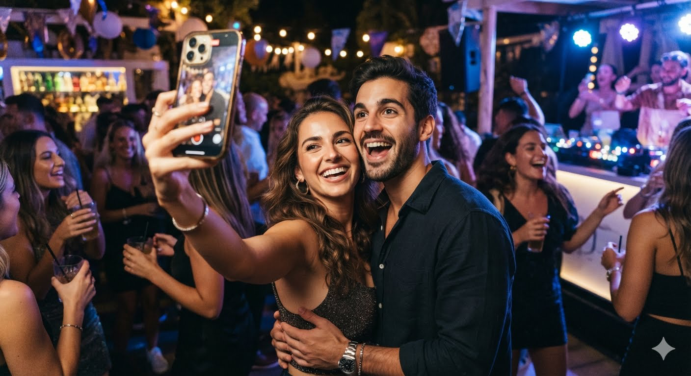 Couple recording a video message at a party